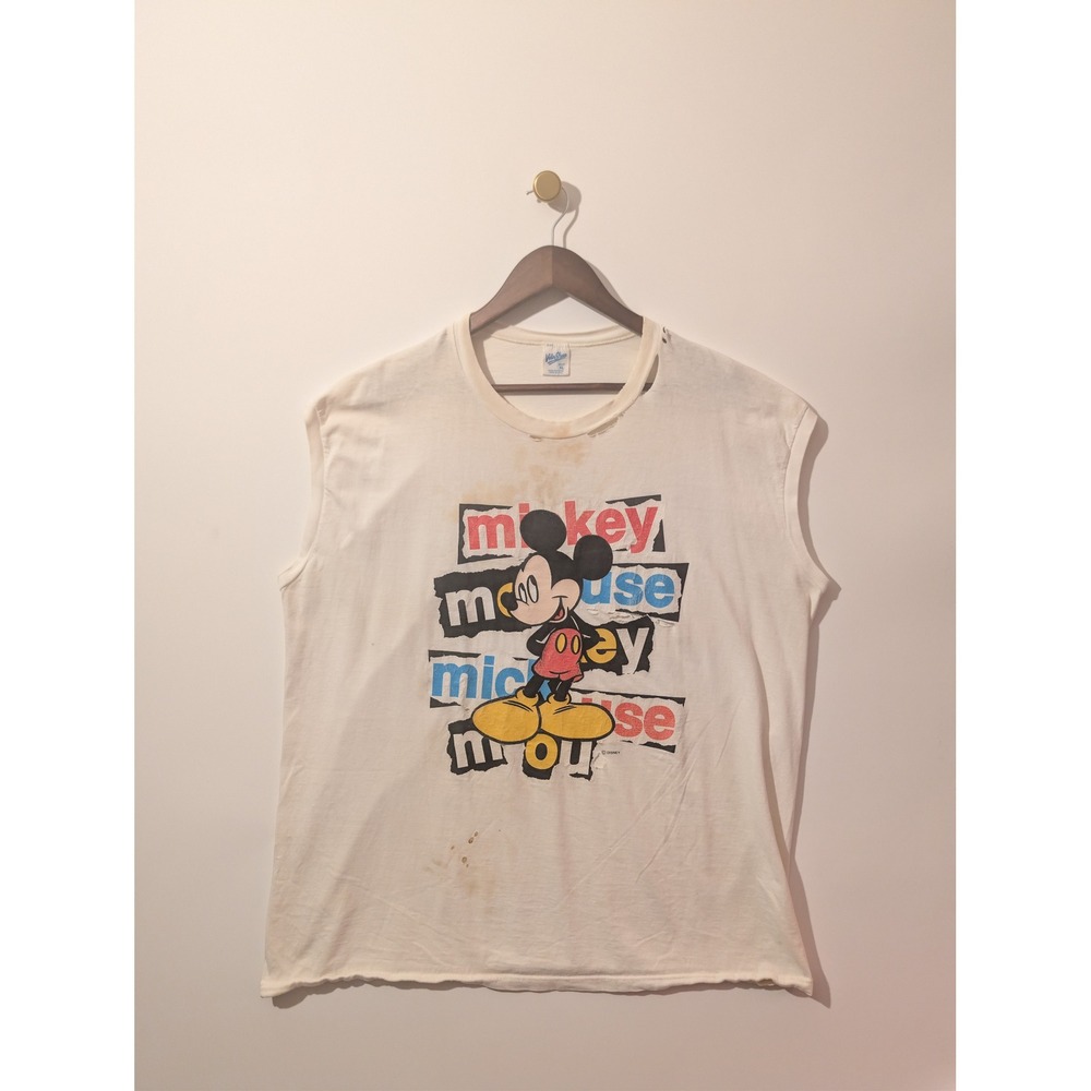Velva Sheen Mickey Mouse Muscle Tee Mens XL White Fair Distressed 80s Vintage